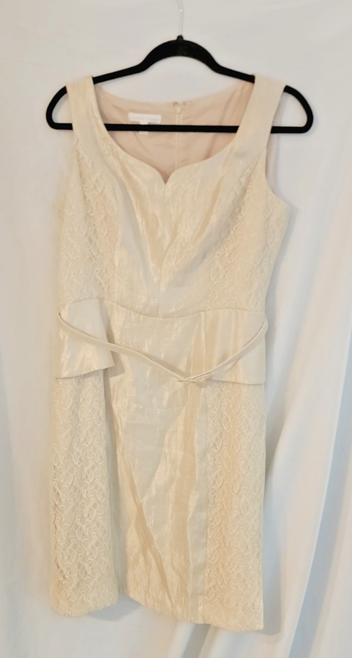 London Times Fitted Sheath Dress Size 12 lace edging champagne shimmer cocktail
